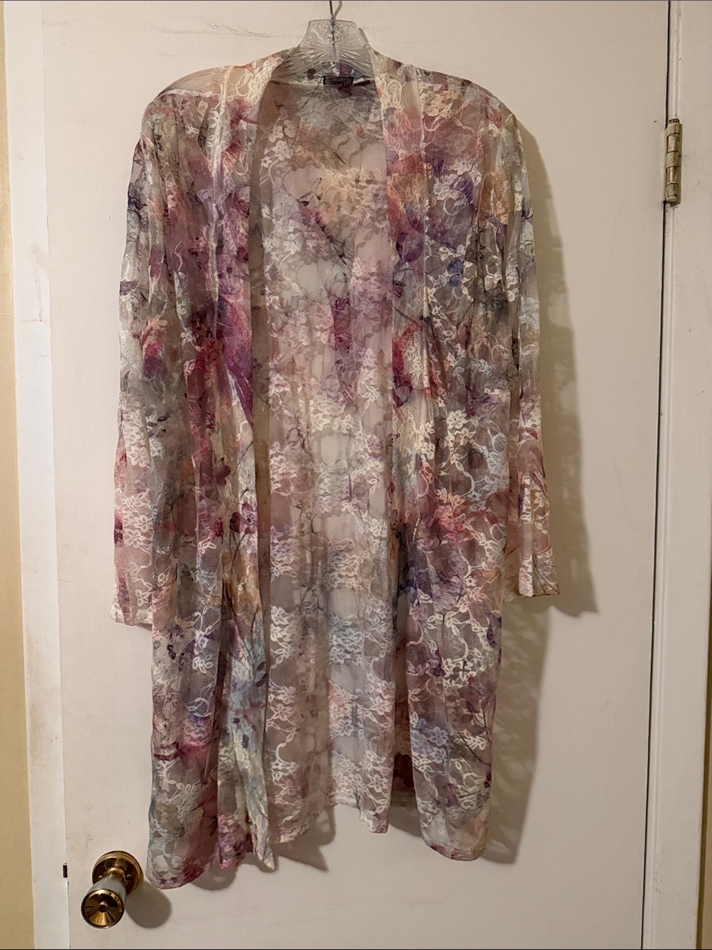 Sheer Floral Lace Open-Front Kimono Cardigan in Multi-Pastel